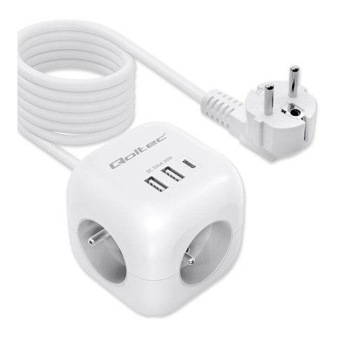 Kostka zasilająca Qoltec przedłużacz 6w1 z podświetlanym włącznikiem | 3x AC | 2x USB | 1x USB-C PD 20W | Biała | Kabel 2m