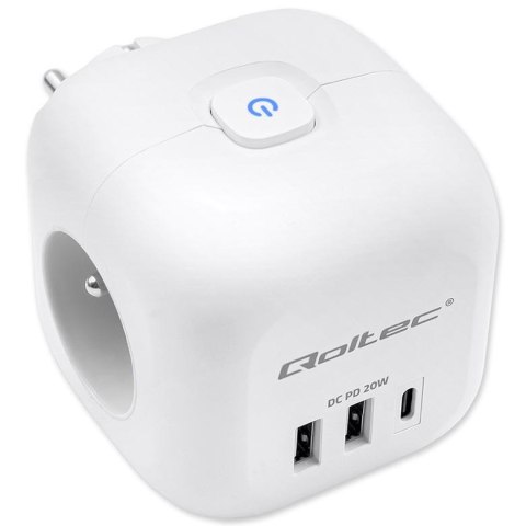 Kostka zasilająca Qoltec przedłużacz 6w1 z podświetlanym włącznikiem | 3x AC | 2x USB | 1x USB-C PD 20W | Biała