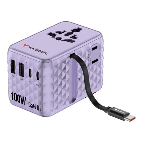 Adapter podróżny Verbatim Charge 'n' Travel GaN III globalny 1xUSB-C PD 3.0 QC 4+ 100W, 2xUSB-C 15W, 1xUSB-A 12W fioletowy