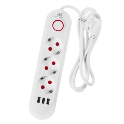 Listwa zasilająca Maclean MCE394 W, przedłużacz 3gniazda + 3xUSB, 110-240V AC 50/60Hz, 2.1A max 2500W, 1,5m, biała