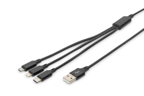 Kabel USB 2.0 DIGITUS 3w1 Typ USB C + Lightning + microUSB B/ USB A M/M 10W nylon czarny 1m