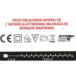 Zewnętrzne Lampki Choinkowe LED 100szt - Ciepły Biały, IP44, Dł. 4,95m+1,5m, Zasilane Sieciowo