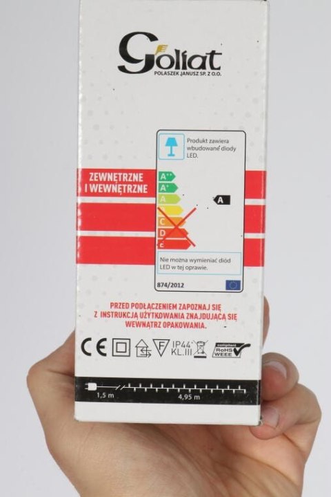 Zewnętrzne Lampki Choinkowe LED 100szt - Ciepły Biały, IP44, Dł. 4,95m+1,5m, Zasilane Sieciowo