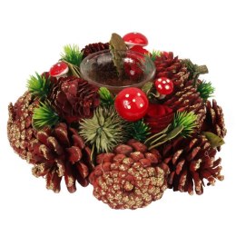 Świecznik-Wianek z Naturalnymi Szyszkami i Drewnem 28 cm ze Szklanym Pojemnikiem na Świeczkę