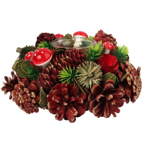 Świecznik-Wianek z Naturalnymi Szyszkami i Drewnem 28 cm ze Szklanym Pojemnikiem na Świeczkę