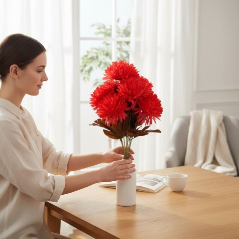 BUKIET 9 CHRYZANTEM Z BRĄZOWYMI LIŚĆMI 44 CM KOLOR FIOLETOWY