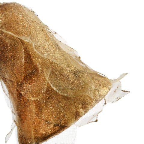 Dekorowana bombka w kształcie dzwonka z brokatowymi płatkami materiału 12 cm złota