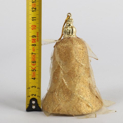 Dekorowana bombka w kształcie dzwonka z brokatowymi płatkami materiału 12 cm złota