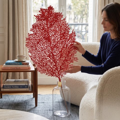 GAŁĄZKA OZDOBNA AŻUROWY, BROKATOWY LIŚĆ 78 CM kolor czerwony
