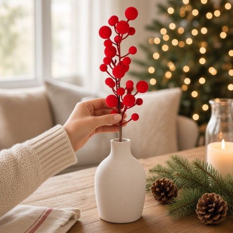 Gałązka sztuczna głóg jarzębina kulki 52 cm Aksamitna Flokowane