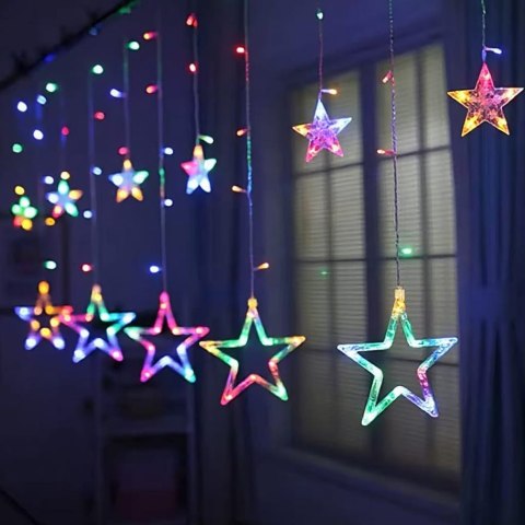 KURTYNA ŚWIETLNA GWIAZDKI OZDOBY ŚWIĄTECZNE LAMPKI 120 LED MULTIKOLOR