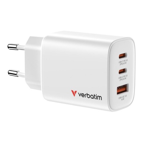 Ładowarka ścienna Verbatim Essentials GaN 65W USB-A 2xUSB-C PD 3.0 Biała